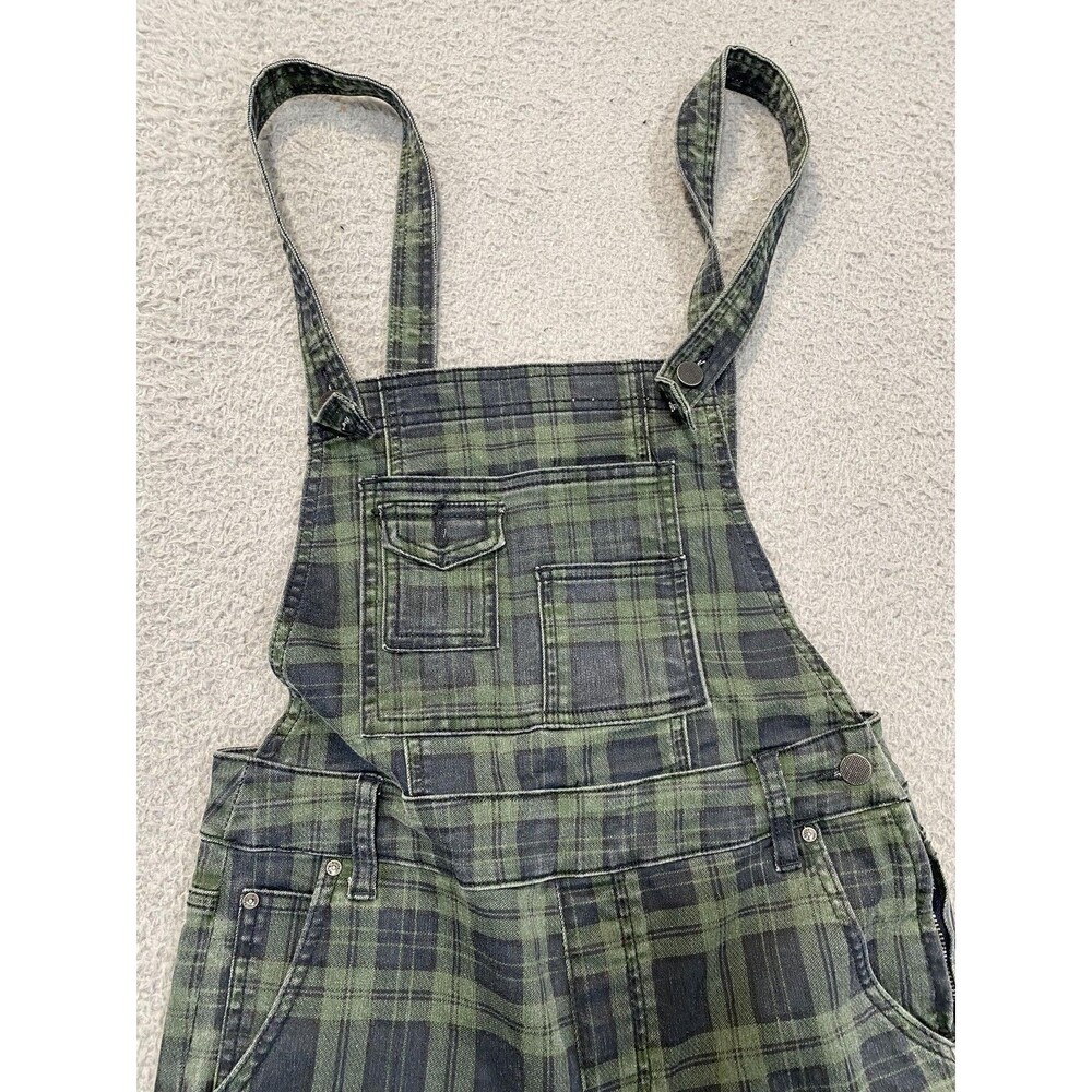 Free People Overalls Womens W 27 Green Plaid Denim Zip Pocket Utility Cropped - Picture 2 of 13